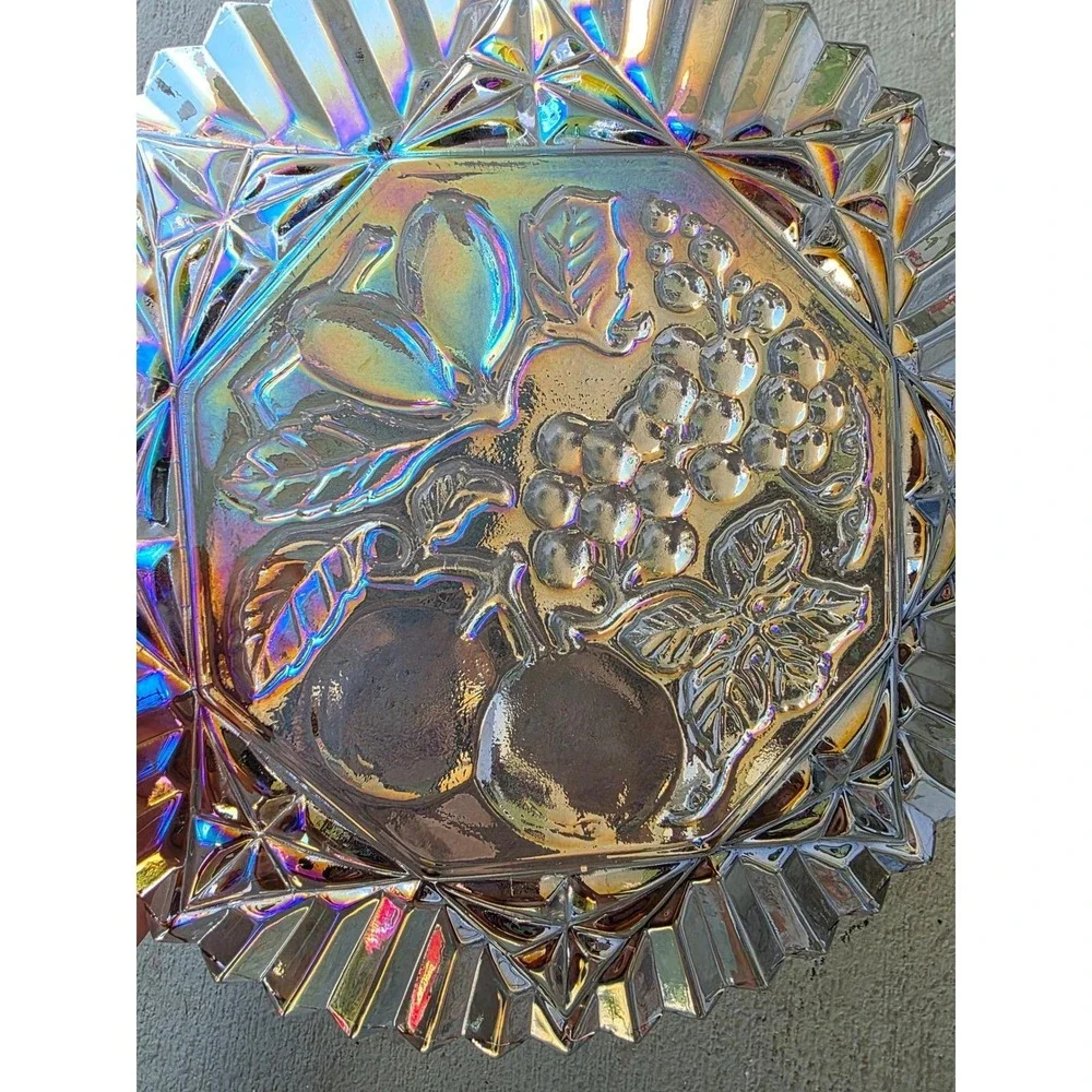 Vintage Carnival Glass Bowl Iridescent Fruit Harvest Grapes Pears 10.5 Inch‎ E3